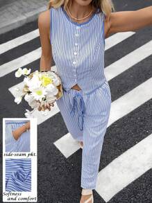 Chiquease 2pcs Women's Summer Set: Blue & White Striped Patchwork Front Button Round Neck Sleeveless Top And Tie-Up Side Pocket Pants Suit. French Contrast Blue & White Stripe And Solid Blue Round Neck Sleeveless 2 Pieces Set, Top And Pants, Women's Casual Elegant Commuter Outfit. - Blue and White - View 3