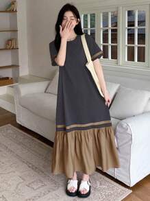 DAZY 女士夏季休闲拼色拼接连衣裙，教师装 - 棕色 - 查看 2