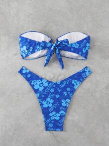 Swim Mod Women's Floral Printed Ruched Bandeau Bikini Set, Suitable For Holiday, For Summer Beach Vacation - Blue - View 2