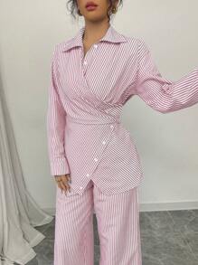 Modelyn Women's Woven Striped Blue Lace-Up Cardigan With Buttons, 2 Pieces Set, Long Sleeve Fall Cloth For Women - Pink - View 3