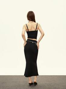 INAWLY 2pcs/Set Women's Fashion Rhinestone Decor Camisole And Bodycon Skirt Set - Black - View 2