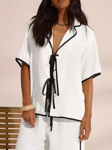 MUSERA Camisa oversize con look de lino y pantalones con ribete de contraste y lazo, conjunto elegante y lindo para vacaciones de primavera y verano en estilo bohemio de Ibiza