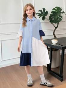 SHEIN Vestido ajustado con mangas de volantes, recortes y volantes para niñas preadolescentes en color liso, casual, adecuado para volver al colegio y uso diario