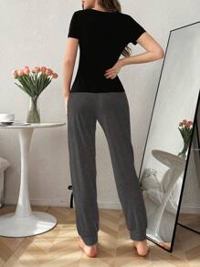 DUSKBASE 2pcs Color Block Print Fitted Short Sleeve Top And Bow Decor Pants Pajama Set - Dark Grey - View 2