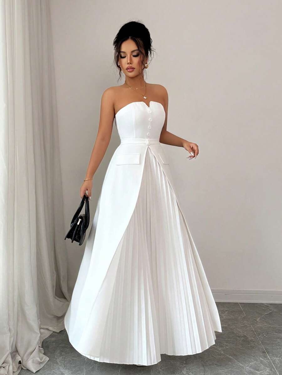 Elenzga Elegant Solid Color Tube Top Ruched Waist A-Line Women Dress - White - View 1