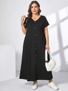 SHEIN Essnce Robe longue ample et confortable à manches courtes noire col en V avec poches, style mode décontracté printemps et été pour les femmes de grande taille. Tenues d'été pour femmes, vêtements d'église pour femmes, style Old Money pour femmes, tenues d'enseignante pour femmes, tenue d'aéroport pour femmes