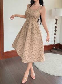 DAZY 1pc Women All-Over Floral Print Square Neck Sleeveless Mid-Length Dress - Khaki - View 3