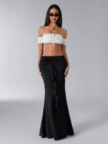 SHEIN Unity Elegant Solid Color Low Waist Maxi Fish Tail Skirt Fall Cloth For Women - Blue - View 4