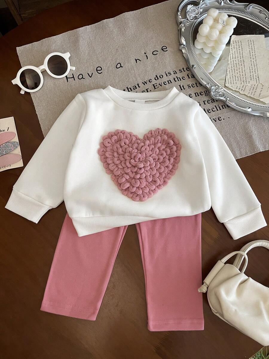 SHEIN Baby Girl Newborn To 3 Years Old Cute & Funny Heart Design Long Sleeve Sweatshirt & Leggings Set, Daily Versatile Infant Toddler Autumn/Winter Outfit Fall - Pink - View 1