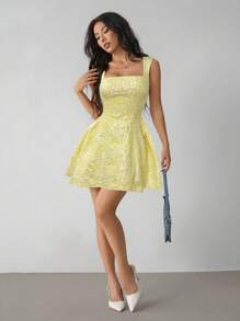 SHEIN PETITE 女式无袖纯色白色夏季中长连衣裙，简约休闲，适合日常穿着 - 黃色 - 查看 3