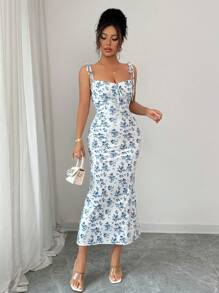 Rafferiza Elegant blommig klänning med remmar för kvinnor - Blått och Vitt - Visa 5