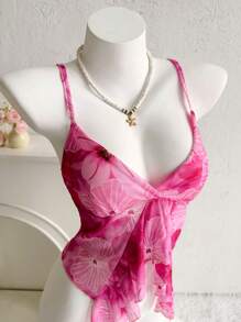 Sweetina Women's Pink Floral Print Ruffle Hem V-Neck Vacation Casual Cami Top - Multicolor - View 5