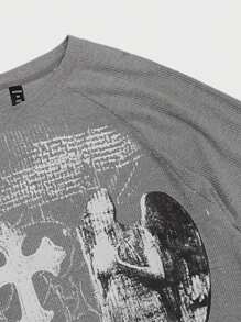 ROMWE MEN Street Life Men's Summer Goth Slogan & Cross Print Round Neck Short Sleeve Casual T-Shirt - Grey - View 4