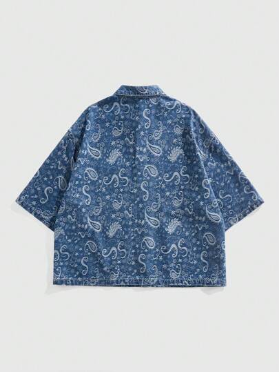 Grunge Punk Men's Summer Vacation Paisley Print Patchwork Pocket Short Sleeve Denim Shirt