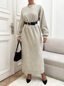 EURMUSE Váy len cổ tròn dài tay Maxi dệt kim gân giản dị - Màu be - Xem 3