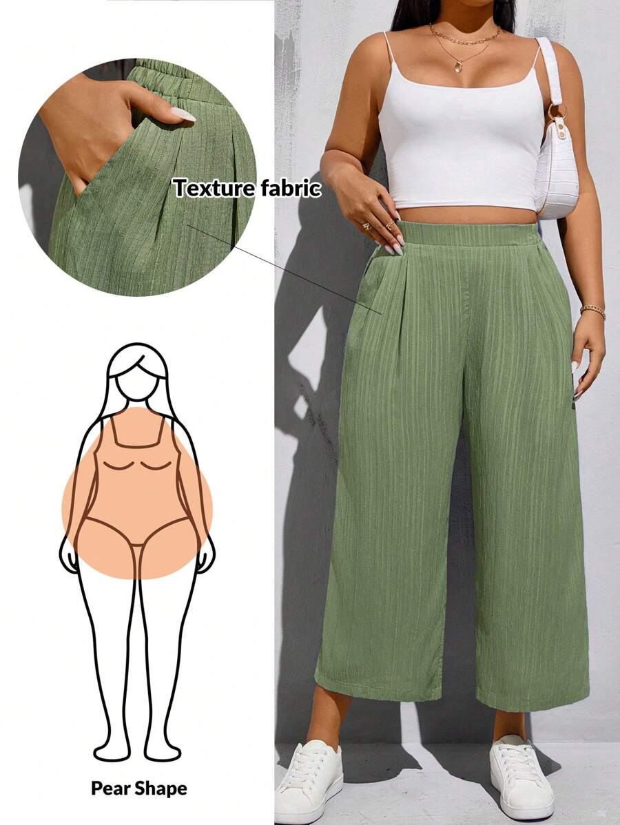 SHEIN Essnce Große Größen Frühlings- und Sommer Mode Lässige locker sitzende bequeme Basic Allround Schlank Textur Stoff elastischer Bund grüne weite Bein Dreiviertel Hosen, einfacher Stil, Damen Unterteil, Arbeitshose, Baggyhose, Urlaubsoutfit - Grün - Übersicht 1