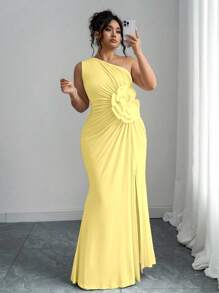 Elenzga Plus Size Women 3D Floral Print Asymmetrical Neck Midi Dress