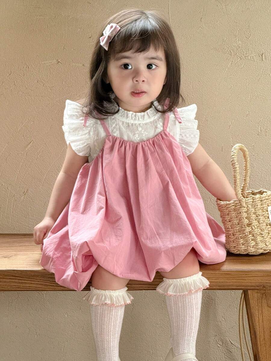 Dazy Kids 2件套女婴盖袖衬衫和纯色泡泡袖短裤连衣裙 - 粉色 - 查看 1