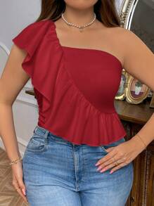 SHEIN Privé Top de tubo con volantes elegante para talla grande de mujer para resort - Rojo - Ver 6