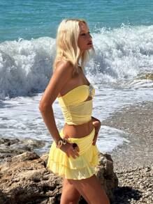 SHEIN ICON 女士两件套海星装饰度假休闲透明网眼抹胸紧身迷你黄色半身裙