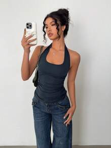 Zavorell 亲肤U领细肩带，复古性感修身露背无袖运动瑜伽上衣，春夏新款女士弹力紧身细肩带露脐吊带露背上衣