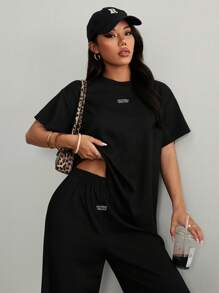 SHEIN PETITE 黑色纹理休闲宽松T恤长裤女套装 - 黑色 - 查看 4