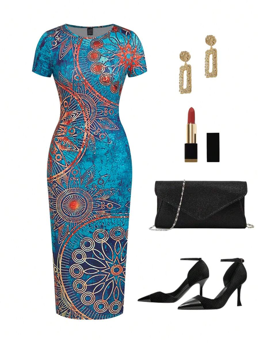 Ellevyn Women's Elegant Printed Bodycon Short Sleeve Midi Dress - Teal Blue - View 1