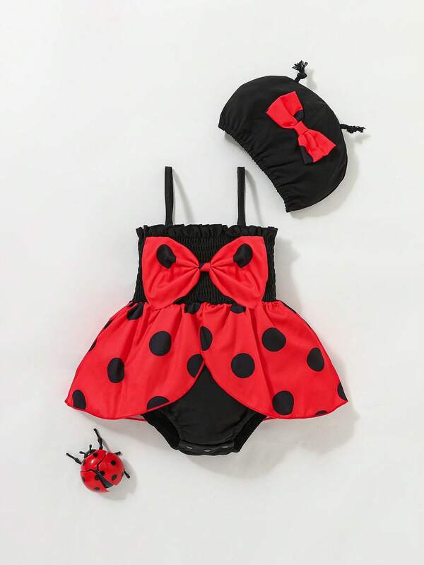 SHEIN Playful Pals Baby Girl Polka Dot Print Bow Front Combo Bodysuit With Hat