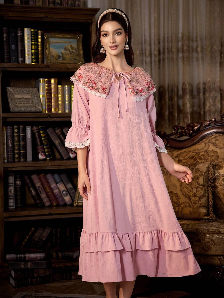 复古宫廷风格优雅刺绣蕾丝休闲长裙，女士睡袍，秋季 - 粉色 - 查看 1