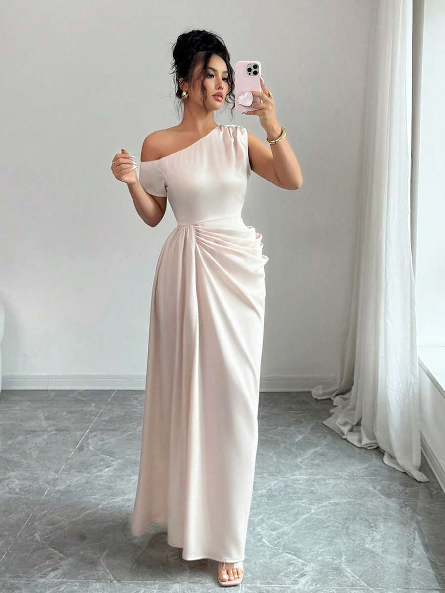 Rafferiza Elegant French Style Oblique Shoulder Ruffle Waist Slim Dress - Apricot - View 1