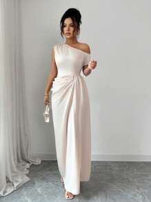 Rafferiza Elegant French Style Oblique Shoulder Ruffle Waist Slim Dress - Apricot - View 4