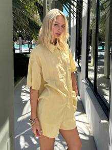 SHEIN EZwear Yellow Woven Women 2pcs Set: Button Down Short Sleeve Shirt & Shorts