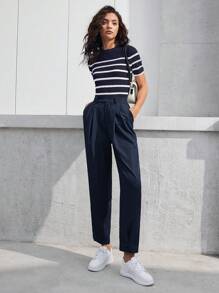 BizChic Camiseta ajustada con manga corta y cuello de rayas para mujer, elegante moda casual de negocios para uso urbano, adecuado para maestros, oficina, escuela, salidas, Top básica