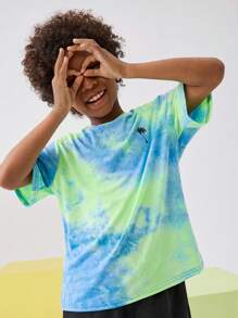 SHEIN Tween Jongen Casual Kokosboomprint Tie Dye Ronde hals Pullover Korte mouwen brei