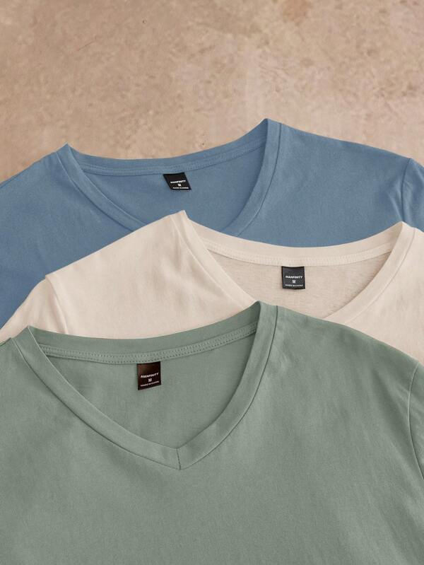 HIMLAND 3pcs/Pack Men's Casual Solid Color Knit Short Sleeve T-Shirts, Suitable For Daily Wear, Summer Plain Tees Plain T Shirts Soft Tees