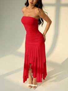 SHEIN PETITE Váy xòe không dây viền bất đối xứng dành cho nữ, phù hợp cho mùa hẹn hò và mùa cưới, váy mùa hè dành cho nữ - Đỏ - Xem 7