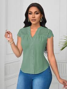 SHEIN Unity Blusa elegante de mujer con mangas cortas, de encaje y patrón de onda - Verde - Ver 6