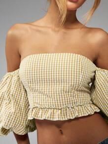 MISSGUIDED Blusa tipo bardot con hombros descubiertos, mangas globo y volantes, de estilo cottage core, en cuadriculado, para una primavera fresca y con estilo - Amarillo - Ver 4