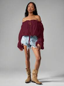 MISSGUIDED Camicetta boema con spalle scoperte, arricciature, maniche a palloncino voluminose e balze, top corto adatto per autunno, primavera e festival