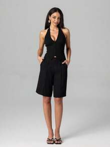 Firerie Quần culottes cạp cao màu đen thanh lịch dành cho nữ, đi biển, sân bay - màu đen - Xem 6