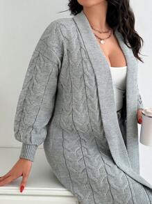 PLUS SIZE WOMEN GREY COLOR RIB-KNIT LONG SLEEVE TEXTURED CASUAL CARDIGAN