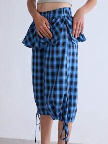 COUREZ Longline Check Shorts With Ruffle Waistband , Y2K Street Wear Summer For Women Summer Bottoms Vintage - Blue - View 5