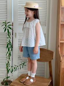 DAZY Bộ đồ mùa hè cho bé gái: Áo kiểu ren cổ bèo nhún và quần short denim rộng rãi thoải mái. - Rửa trung bình - Xem 3