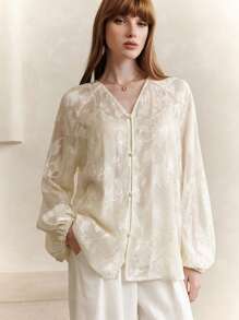 EMERY ROSE Camicetta casual elegante da donna con maniche a lanterna, scollo a V e bottoni, in tessuto jacquard floreale, adatta per l'ufficio, l'estate, il tempo libero, le vacanze, i festival e l'abbigliamento casual per insegnanti - Albicocca - Visualizzare 3