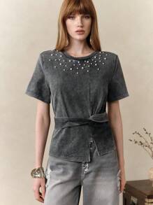 SHEIN LUNE Women's 100% Cotton Sand Wash Asymmetric Pearl Decor Short Sleeve T-Shirt,Grey Summer Elegant Tea Party Casual Commuting Top,Washed Clothes - Grey - View 6
