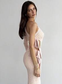 Aloruh Nuevo vestido romántico de manga larga con encaje, adornado con moño y hombro asimétrico sexy - Rosa - Ver 6