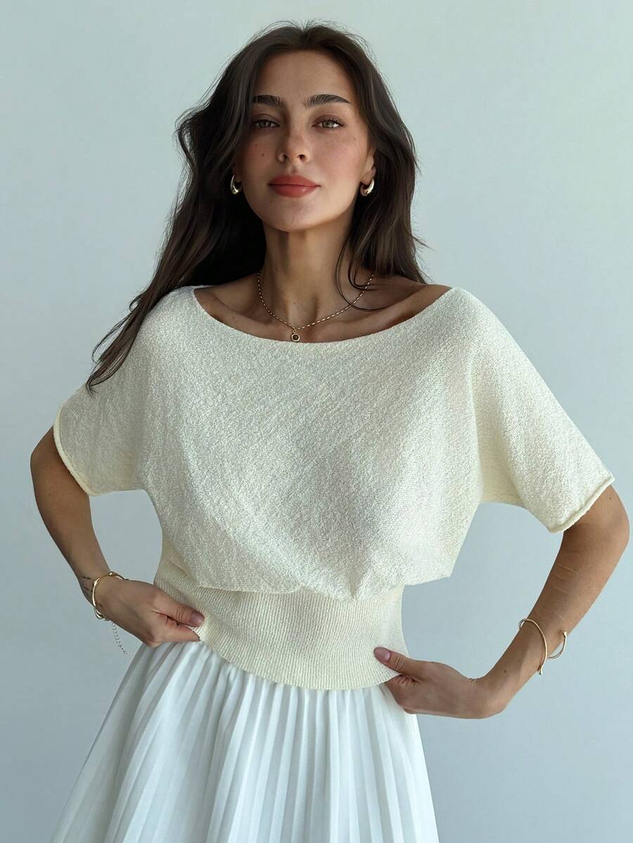 Aloruh 新款夏季针织毛衣，休闲船领露肩修身套头衫 - 棕色 - 查看 1