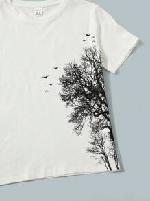 SHEIN Tween Boy Tree & Bird Print Tee & Drawstring Waist Shorts