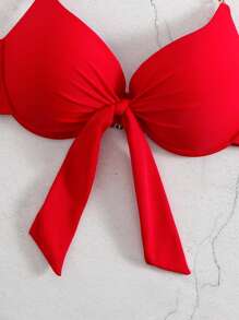 SHEIN Swim SXY 女式纯色性感前系带吊带比基尼上衣，带钢圈，适合夏季海滩 - 紅色 - 查看 5