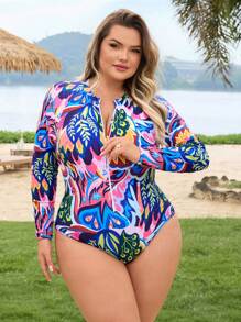 SHEIN CURVE+ 大码女式植物多色印花拉链前冲浪泳衣、沙滩装